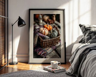 Cozy Basket Poster – Pumpkins & Plaid Still Life - Just Great Posters