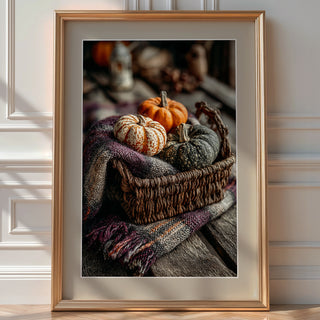 Cozy Basket Poster – Pumpkins & Plaid Still Life - Just Great Posters