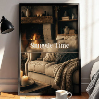 Room with a mirror reflecting a cozy living room scene, featuring a couch, lamp, and decor items.