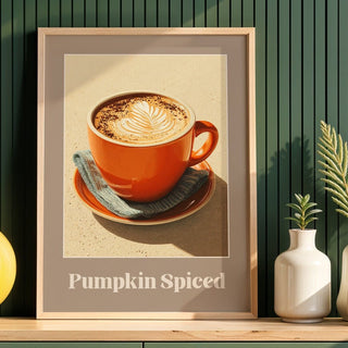 Framed print of a pumpkin spice latte on a wooden shelf with decorative items against a green wall.