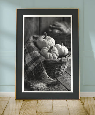 Black & White Pumpkin Basket – Monochrome Harvest Print - Just Great Posters
