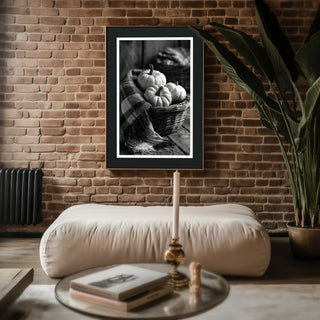 Black & White Pumpkin Basket – Monochrome Harvest Print - Just Great Posters