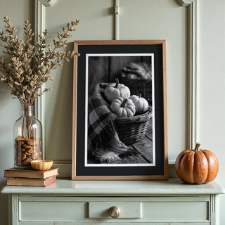 Black & White Pumpkin Basket – Monochrome Harvest Print - Just Great Posters