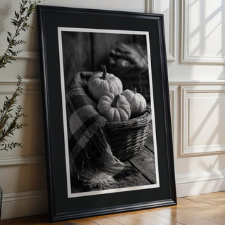 Framed black and white photo of pumpkins and a basket on a wall with a vase and plant on a wooden floor.