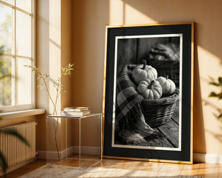 Black & White Pumpkin Basket – Monochrome Harvest Print - Just Great Posters