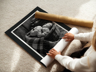 Black & White Pumpkin Basket – Monochrome Harvest Print - Just Great Posters
