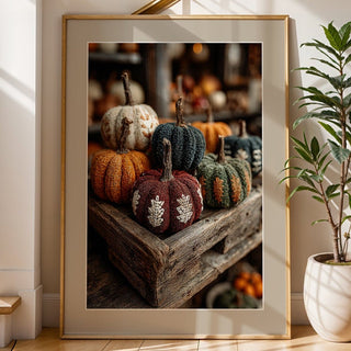 Framed picture of pumpkins on a wooden crate against a staircase with sunlight streaming in.