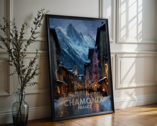 Chamonix Christmas Poster – Festive Street & Mountain View Wall Art from France - Just Great Posters