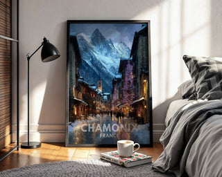 Chamonix Christmas Poster – Festive Street & Mountain View Wall Art from France - Just Great Posters