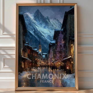 Chamonix Christmas Poster – Festive Street & Mountain View Wall Art from France - Just Great Posters