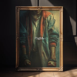 Framed artwork with a person holding a weapon and the word 'Fight' displayed.