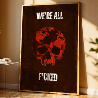 Framed poster with a skull design and text in a room with a window and small table.