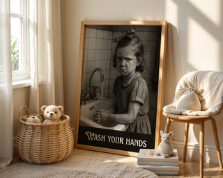 “Wash Your Hands” Vintage Grumpy Kid Poster – Playful Retro Hygiene Art Print - Just Great Posters