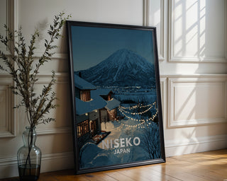 Niseko Japan Poster – Snowy Mountain Village Wall Art with Twinkle Lights - Just Great Posters