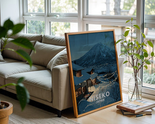 Niseko Japan Poster – Snowy Mountain Village Wall Art with Twinkle Lights - Just Great Posters