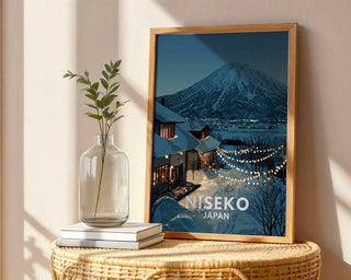 Niseko Japan Poster – Snowy Mountain Village Wall Art with Twinkle Lights - Just Great Posters