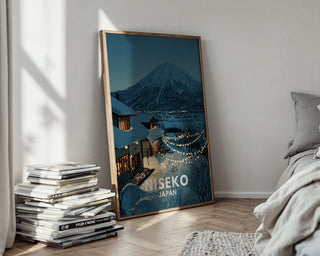 Niseko Japan Poster – Snowy Mountain Village Wall Art with Twinkle Lights - Just Great Posters