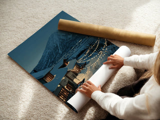 Niseko Japan Poster – Snowy Mountain Village Wall Art with Twinkle Lights - Just Great Posters