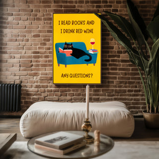 Funny Cat and Wine Poster – Quirky Wall Art for Book Lovers and Wine Drinkers - Just Great Posters