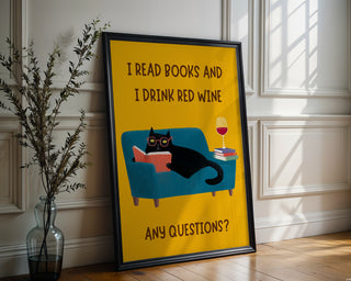Funny Cat and Wine Poster – Quirky Wall Art for Book Lovers and Wine Drinkers - Just Great Posters