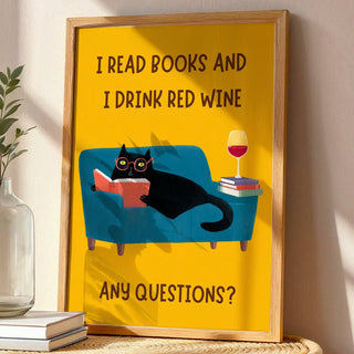 Funny Cat and Wine Poster – Quirky Wall Art for Book Lovers and Wine Drinkers - Just Great Posters
