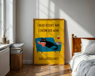 Funny Cat and Wine Poster – Quirky Wall Art for Book Lovers and Wine Drinkers - Just Great Posters