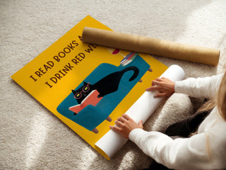 Funny Cat and Wine Poster – Quirky Wall Art for Book Lovers and Wine Drinkers - Just Great Posters