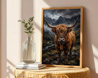 Highland Cow Poster – Moody Scottish Landscape Wall Art Print — frame-486