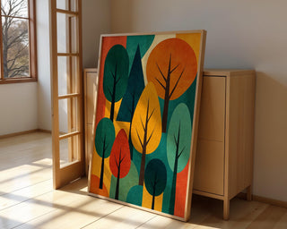 Mid Century Modern Tree Art Print – Retro Abstract Forest Wall Decor in Fall Autumn Colours, Minimalist Nature Poster, Free Shipping - Just Great Posters