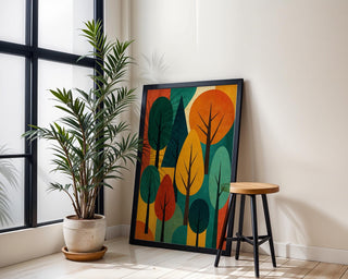 Mid Century Modern Tree Art Print – Retro Abstract Forest Wall Decor in Fall Autumn Colours, Minimalist Nature Poster, Free Shipping - Just Great Posters
