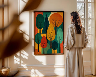Mid Century Modern Tree Art Print – Retro Abstract Forest Wall Decor in Fall Autumn Colours, Minimalist Nature Poster, Free Shipping - Just Great Posters