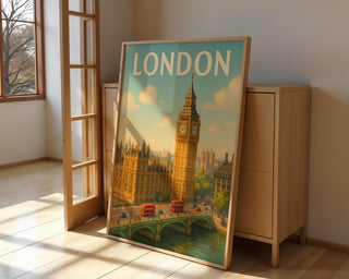 London Travel Poster – Vintage Style Big Ben & Double - Decker Bus Art Print, Retro UK Cityscape Wall Decor, Free Shipping - Just Great Posters