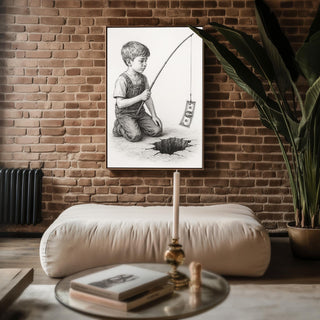 Cynical Fishing Art Print – Surreal Pencil Drawing of Boy with Dollar over Abyss, Satirical Wall Art - Just Great Posters
