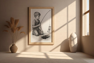 Cynical Fishing Art Print – Surreal Pencil Drawing of Boy with Dollar over Abyss, Satirical Wall Art - Just Great Posters