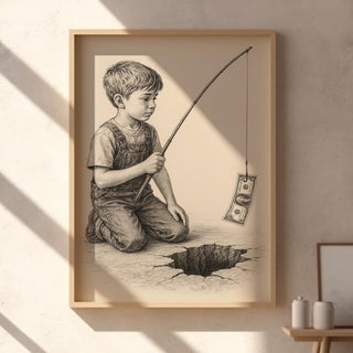 Cynical Fishing Art Print – Surreal Pencil Drawing of Boy with Dollar over Abyss, Satirical Wall Art - Just Great Posters