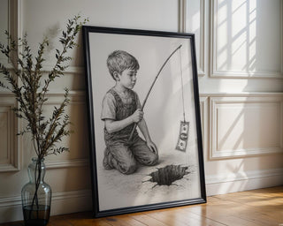 Cynical Fishing Art Print – Surreal Pencil Drawing of Boy with Dollar over Abyss, Satirical Wall Art - Just Great Posters