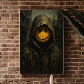 Dystopian Smiley Face Art – Dark Hooded Figure with Grinning Mask, Surreal Gothic Wall Print - Just Great Posters