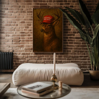 MAGA Deer Portrait Print – Political Animal Art in Vintage Oil Painting Style with Satirical Edge - Just Great Posters