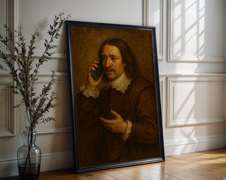 Baroque Man on Cell Phone – Funny Vintage Style Portrait with Modern Twist, Surreal Art Print - Just Great Posters