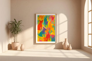 Colourful Dog Silhouettes Art Print – Rainbow Puppy Pattern Wall Decor for Bold, Happy Spaces - Just Great Posters