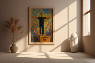 Empowerment Abstract Art Print – Bold Figure with Outstretched Arms, Expressionist Wall Art in Blue & Gold - Just Great Posters