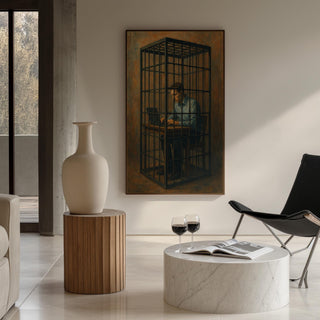 Corporate Cage Art Print – Surreal Modern Painting of Man Trapped at Laptop in Prison Cell - Just Great Posters