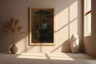 Corporate Cage Art Print – Surreal Modern Painting of Man Trapped at Laptop in Prison Cell - Just Great Posters