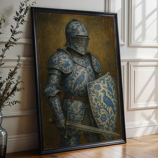 Porcelain Knight Art Print – Chinoiserie pattern - Surreal Blue Floral Armor Wall Art with Sword and Shield - Old Master Style - Just Great Posters