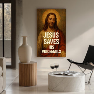 Funny Jesus Wall Art – “Jesus Saves His Voicemails” Print with Vintage Religious Painting Style - Just Great Posters
