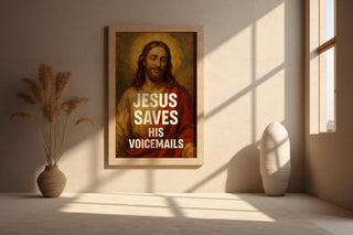 Funny Jesus Wall Art – “Jesus Saves His Voicemails” Print with Vintage Religious Painting Style - Just Great Posters