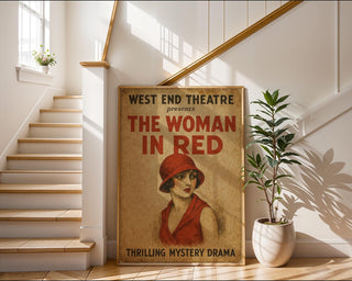 The Woman in Red Theatre Poster – Vintage Mystery Drama Print with Retro Femme Fatale Flair - Just Great Posters