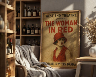 The Woman in Red Theatre Poster – Vintage Mystery Drama Print with Retro Femme Fatale Flair - Just Great Posters