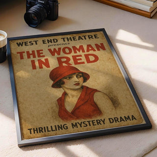 The Woman in Red Theatre Poster – Vintage Mystery Drama Print with Retro Femme Fatale Flair - Just Great Posters