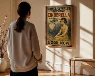 Cinderella Musical Comedy Poster – Vintage Fairytale Theatre Print with Clock and Coach Motif - Just Great Posters